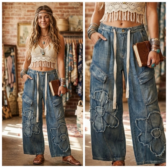 SOLD OUT! Boho Denim Wide Leg with Floral Patchwork - Picture 6 of 6
